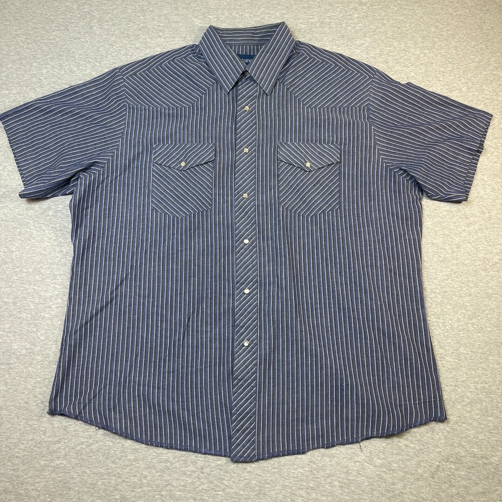 Wrangler Shirt Mens 2XL XXL Blue Pearl Snap Pinstripe Western Cowboy Short VTG